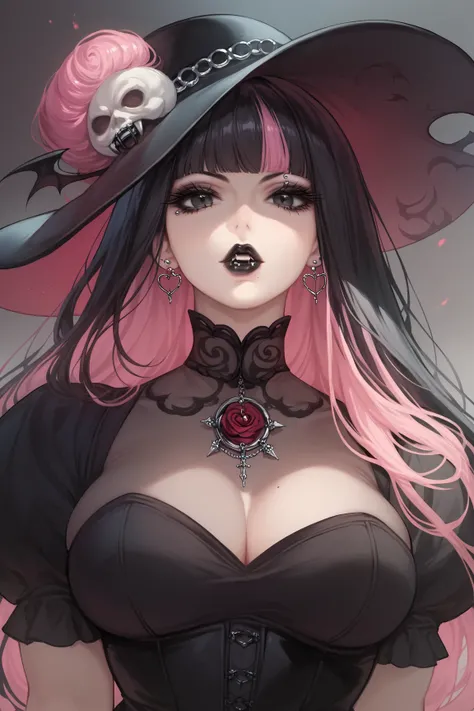 Mature Woman, black hair, pink hair ,long hair,Anime style ,Black eyes,Striped hair, vampire, black dress,Black lipstick, gothic ,Bangs, Face piercing,Black hat,