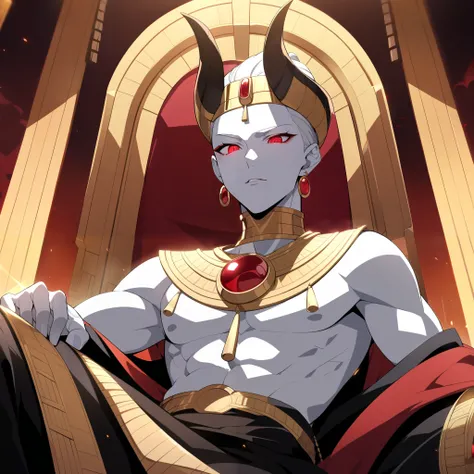 
Pharoah, Handsome, pale white skin, short slicked back white hair. Glowing red demon Eyes, Egyptian Black Velvet Robes, Gold Embroidered Black velvet Egyptian pants. Wears a gold chained glowing Ruby circular Egyptian amulet. Has gold ruby rings. Long rub...