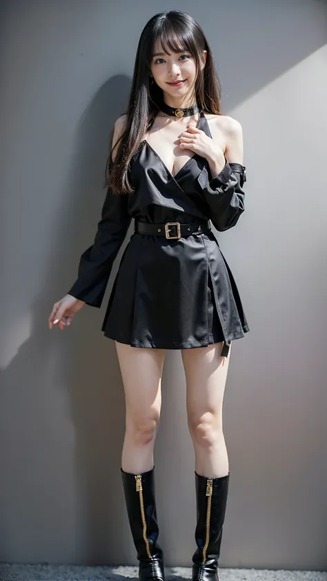 (8k、      RAW photos   、    top quality、masterpiece   :1.2)、(    is present   、    is present   )、1 person、((bangs、 Gold Belted 、  Long Sleeve 、smile、  see-through、black tight dress、 Chest、 Combat Uniform、 miniskirt、 Show your shoulders、 Thin Waist、  boots...