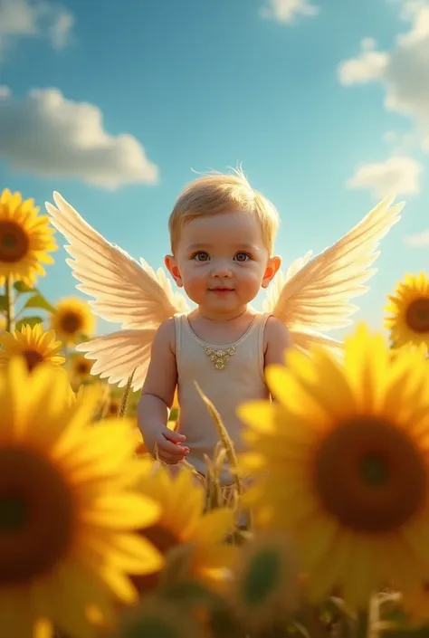 An angelic baby with wings her brown eyes slapped with eyelets and cinnamon lizo woman in a sunflower field with a blue sky surrounding clouds 