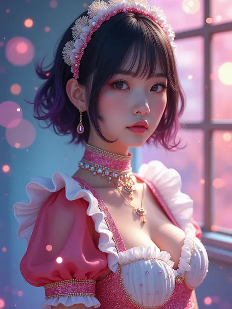 real photograph, Glittering and bright portraits, (masterpiece), (highest quality), (Super detailed), (shape), (one japanese girl), Pretty face like an idol, (a frill and jewelry glitter maid uniform fully made from geometric prisms ), big breast, Are stan...