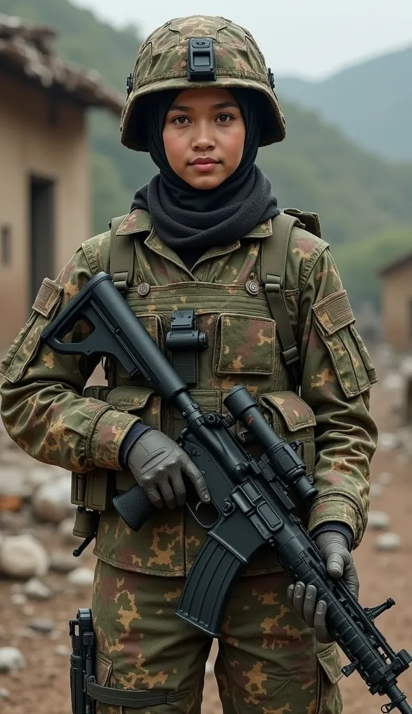 
"A beautiful young woman from Brunei Darussalam, depicted in ultra-realistic 3D style, serving as a special forces operative in the country’s army. She wears a tactical camouflage outfit, complete with a helmet designed for stealth and mobility in challen...