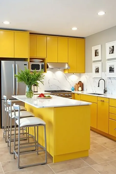 
The kitchen features a contemporary and welcoming design with a well-defined color palette balancing vibrant and neutral tones. The vibrant yellow cabinets serve as the focal point, strategically positioned along the walls and around the central island to...