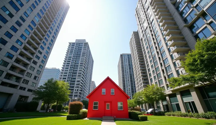 A small red house in the center, surrounded by towering, luxurious skyscrapers and modern apartments. The house is vivid red and stands out prominently against the muted, sleek tones of the urban buildings. The background features a sunny, clear sky, highl...