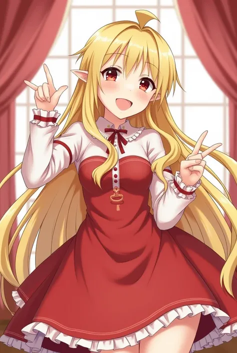  1 girl in the best, chest,  high resolution,  High Definition Model ,  High Quality ,  very detailed,  textured skin, Blonde, Super long hair, Too much hair,  maple, stupid hair, Side half up,  Hide Ears ,  smiles,  red eyes,  legs ,  open eyes, リボンヘアアクセサ...