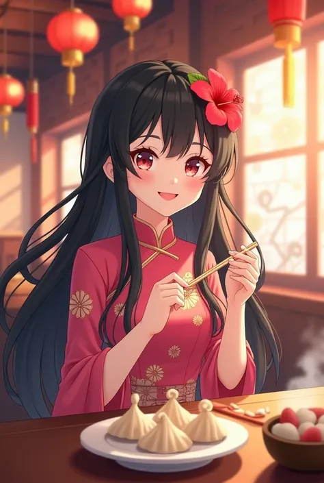 cute anime girl with long dark hair wearing a pink traditional chinese dress. she has a red hibiscus flower on her hair. she is smiling and holding chopsticks. she sitting in a chinese restaurant with dumplings on the table . the background is chinese new ...