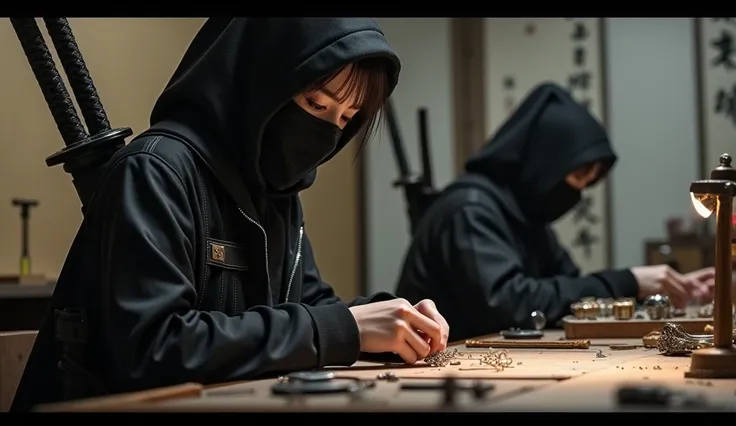  ninjas are making jewelry in the room of a 、A masked female ninja carrying a sword on her back is making jewelry。On the desk、A masked ninja with a ring 。写真品質、 high definition 、 more details、 ultra-realistic 。