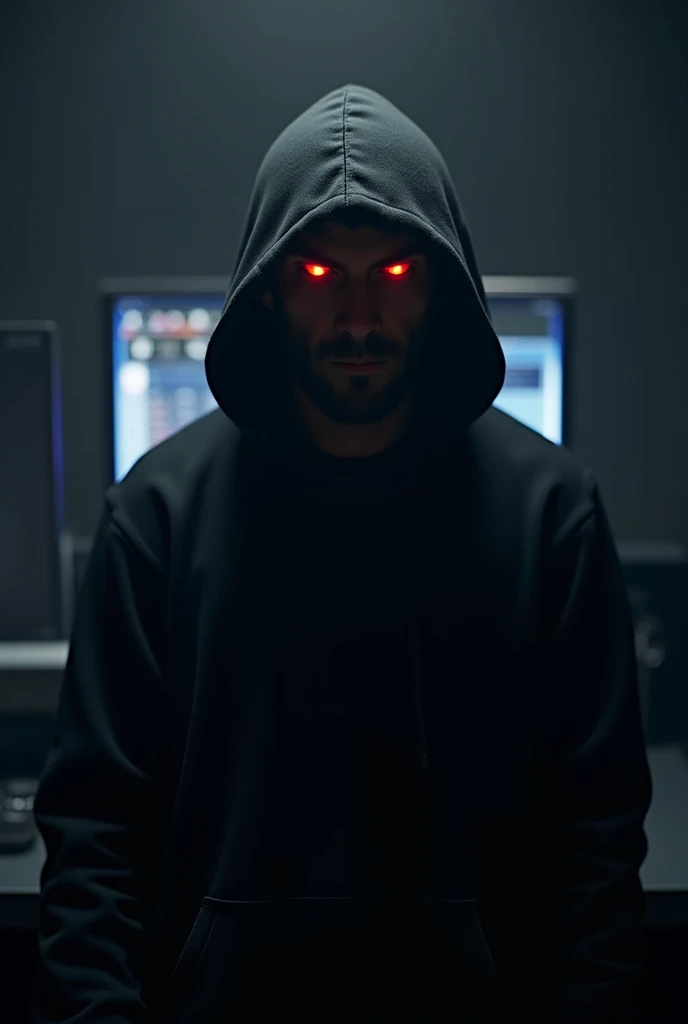 Man in a black hoodie who completely covers his face with red eyes and behind him has a computer and a completely dark room