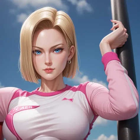 score_9,score_8_up,score_7_up,high res image,masterpiece,best quality,realistic,mature female,android 18,(fair_skin:1.3),shiny_skin,glamor,zzAndroid18,blue eyes,light_eyes,blonde hair,short hair,rectangular eye,(;d:1.2),(pink sportswear:1.3),(pink sports l...