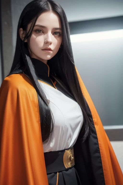  white  girl with long black hair is wearing a military uniform,  Orange Cape , Big hazel eyes,  Science Fiction , Dark mood, 