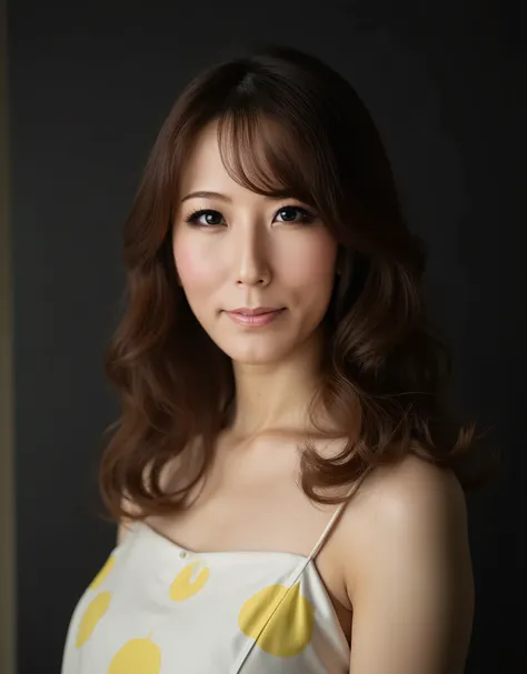 50 years old Japanese beautiful mature woman, white and yellow patterned dress, crew neck dress, elongated face, sharp face, brown loose perm long hair with bangs, close your mouth, bust shot, front view, dark background masterpiece, highest quality, best ...