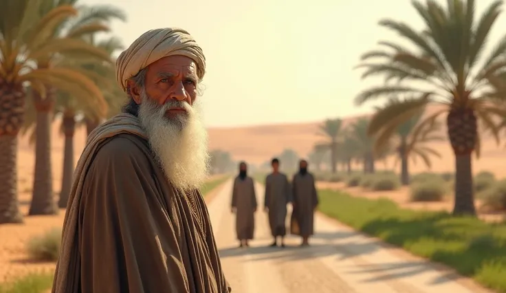 Then the Muslim old man stands in front and behind three people. The place is like a desert with palm trees on the side, some grass on one side of the road.