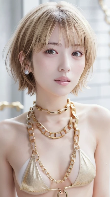 ((Yogurt for a pretty face, 1 slender girl with white skin , Blonde Short Bob Badge ,bangs, )) (((( Sweaty skin:1.4)))   Thin Waist,break
(((Girl with thick chains,LONG BIG CHAIN :1.4))),( full body shot), ((( clear gold micro bikini    :1.4))) break
((Gol...