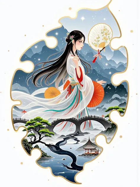  watercolor，Gold leaf ，Double exposure on a uniquely shaped ginkgo leaf ， There is a national style woman holding a fan and a mountain river on it， blue、orange color、Red and black，Sprinkle gold， The background is white。