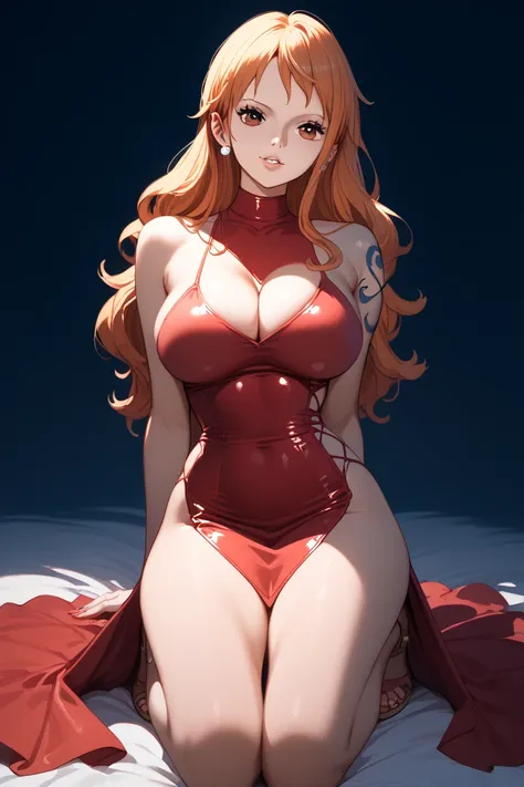 Nami,  long hair ,wearing tight red dress, High resolution,  Anatomically Correct ,  the best quality,  tall details,  high quality,  big boobs,  body masterpiece,  kneeling in four  