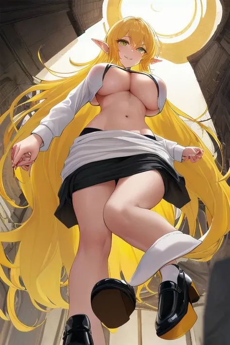 (masterpiece:1.0),(Highest_quality:1.0),   Official Art,  Ultra-fine ,   absurd,   More details ,  1 girl,goddess ,,elf ears, seductive pose holding hands,  Eyeliner,   light background  ,    complicated details,  yellow and white color scheme ,   Otherwor...