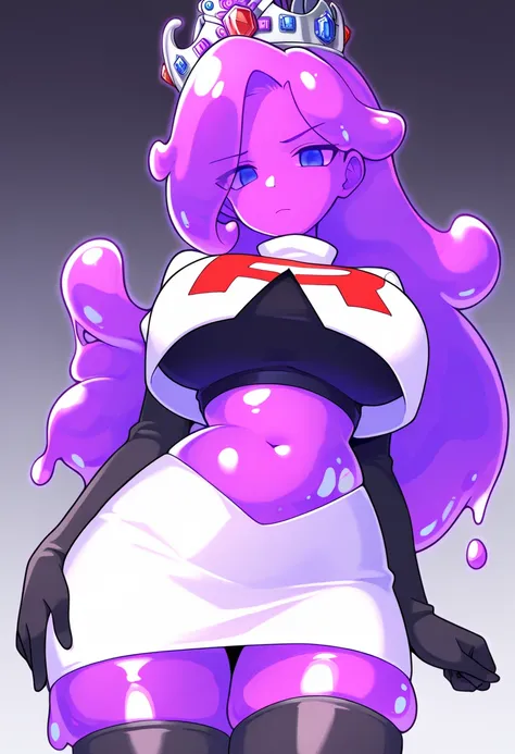 masterpiece, best quality, 1girl, solo, looking at viewer, queenslime, long hair, crown, colored skin, slime girl, large breasts, curvy, purple hair, team rocket,team rocket uniform,white skirt,red letter R,crop top,black thigh-highs,black elbow gloves, co...