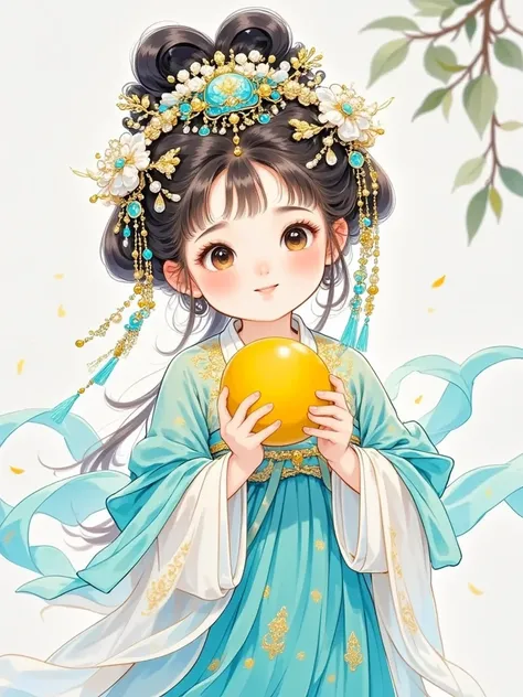  Beautiful and cute， Chinese style ，Light blue background    ，Happy mood  