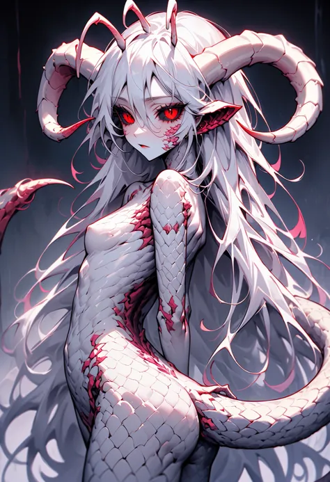 alien outwardly resembling a slim woman with long silver hair and big, red eyes with black sclera. Her antennae seem like large, prehensile, fleshy horns, and are quite sensitive, esp. to touch and humidity. Her skin ranges from dim pink to light blue, dep...