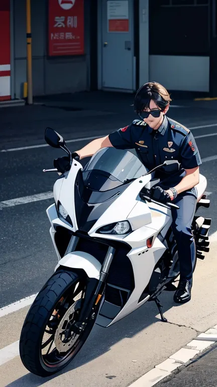 Create a manga-style illustration of a handsome Korean police officer. He is tall, well-built, and wearing a Korean police uniform with dark sunglasses. He is sitting casually on a large police motorcycle parked on the side of an empty road. The focus of t...