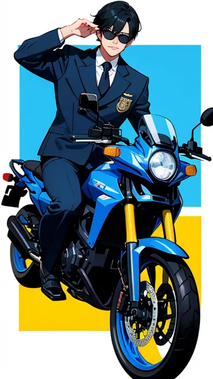 Create a manga-style illustration of a handsome Korean police officer. He is tall, well-built, and wearing a Korean police uniform with dark sunglasses. He is sitting casually on a large police motorcycle parked on the side of an empty road. The focus of t...