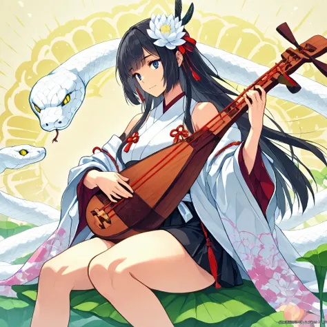 ,Benzaiten and a white snake,
lute \(instrument\),
playing instrument,
holding instrument,
japanese clothes,
kimono,
white snake, from side 、solo focus , perfect hand、1snake、Serpent's Head、White Snake、Big snake、、Black Haired Woman、Fairy、Benzaite, Seven God...