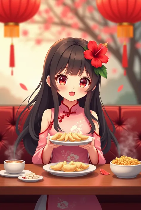 cute anime girl with long dark hair wearing a pink traditional chinese dress. she has a red hibiscus flower on her hair. she is smiling and sitting in a chinese restaurant. she is holding a plate of dumplings. the background is chinese new year festivities...