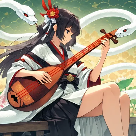 ,Benzaiten and a white snake,
lute \(instrument\),
playing instrument,
holding instrument,
japanese clothes,
kimono,
white snake, from side 、solo focus , perfect hand、1snake、Serpent's Head、White Snake、Big snake、、Black Haired Woman、Fairy、Benzaite, Seven God...