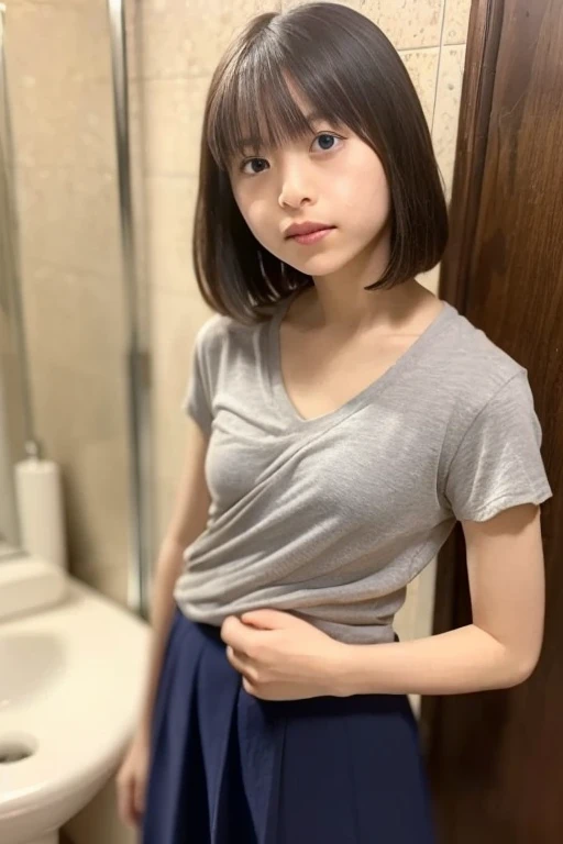 ( best quality, 4K, masterpiece：1.3), immature,  elementary school students,  short bob,   flat chest, elementary school studentsのトイレで乳首が小さい変態