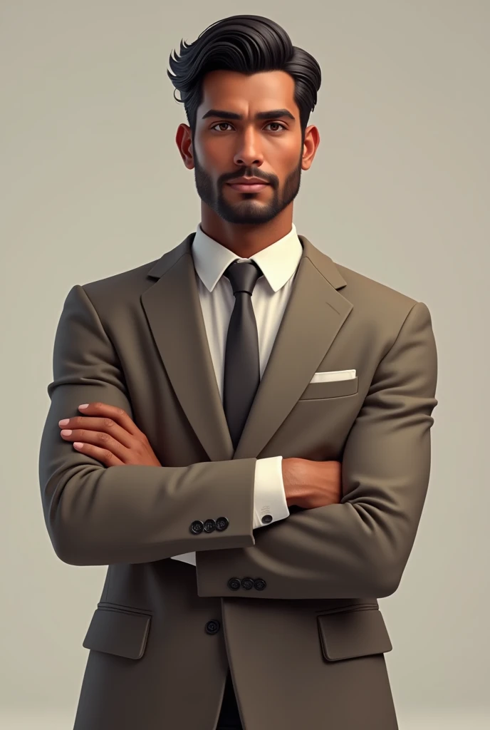 Brown-skinned male character with brown eyes ,  black hair, With entrepreneur clothes 