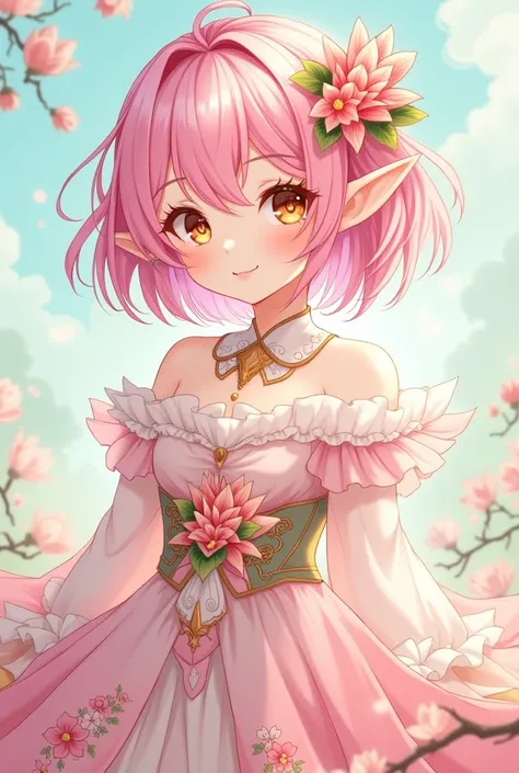 "A whimsical fae-inspired anime-style character with pastel pink bubblegum-colored hair styled short and messy, with a playful half-up ponytail. The character has warm, glowing coffee-colored eyes with subtle sparkles and soft gradients, inspired by delica...