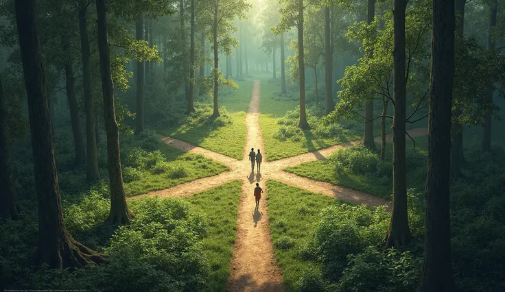 a detailed cross intersection of 6 paths in a dense forest, 2 people walking on the paths deciding which way to go, peaceful natural landscape, sunlight filtering through the trees, intricate details of the trees and foliage, tranquil atmosphere, photoreal...