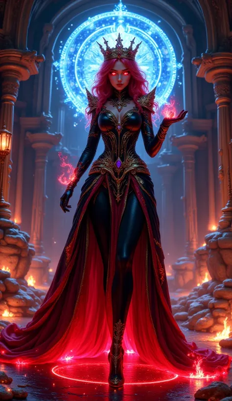 Anime A beautiful princess, wearing black clothes, red graded hair,  wearing high heels ,  fairy like jewels and crowns, standing in front of an altar full of symbols,  against the backdrop of majestic buildings, dressed in red light like a visible aura, c...