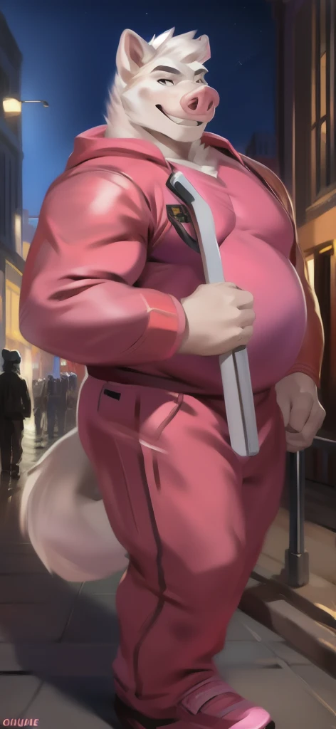 Solo, male Tall​, standing, street,polar pig pink,pink military spacesuit,Holding two axes, overweight, muscular, smirking, by chunie