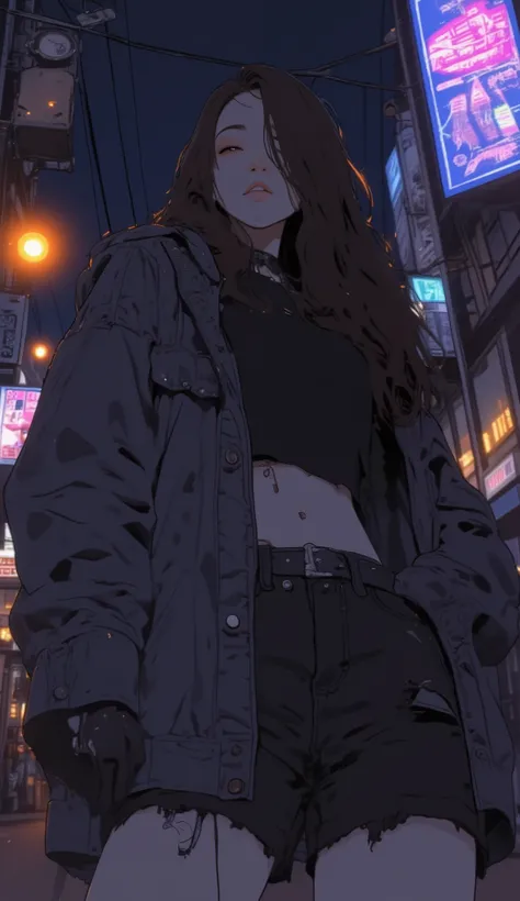 a woman with long hair and a jacket on posing in a city, Cyberpunk Anime Girl with Hoodie, urban girl fan art, torn clothes,  Anime style, beautiful Arte digitalwork, Style Ross Tran, sujetador y pantalones cortos streetwear, arte digital. @mariomaniacdude...