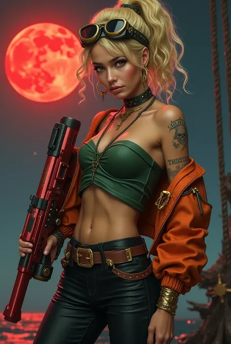 Blonde pirate woman with curly hair in a very tall ponytail,  orange-eyed ,  on his head he wears old aviator glasses as a headband, green strapless top,  hoop earrings,black military pants with a large buckle belt and a dropped orange bomber jacket that r...