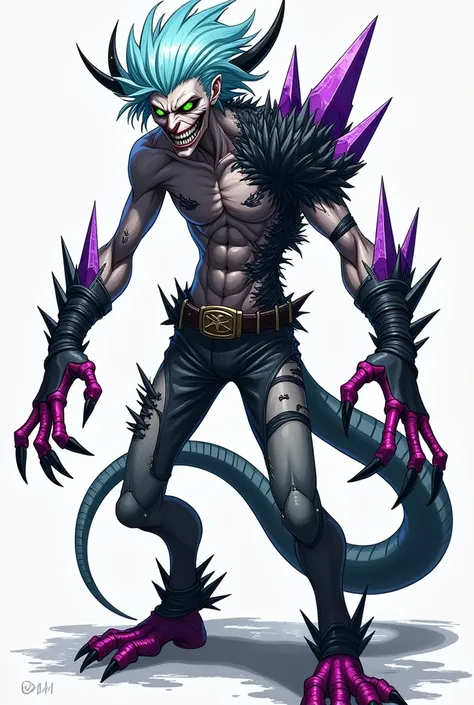 "Create a highly detailed and dynamic anime style illustration of a terrifying, slender humanoid character with a crazy, unhinged appearance. The figure is incredible, with chaotically flowing light blue hair and two sharp, crystalline shards protruding fr...