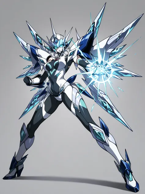 1girl, Symphogear warrior inspired by the Raftclans from Super Robot Wars. The armor should have sleek, biomechanical features with angular lines, advanced alien technology, and metallic colors like blue, silver, and glowing accents. The energy source is a...