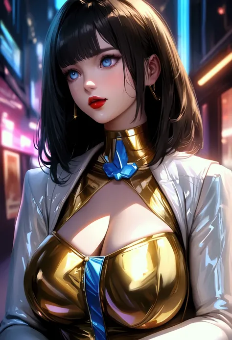  photorealism :1.2),  pretty woman,  Black hair with blue eyes red mouth with large bulky breasts, gold details with a white latex outfit , Cyberpunk 