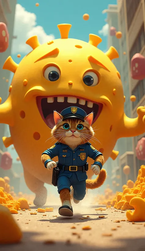 Father Cat Drssed Police Uniform Chased By Giant Cheese Monster