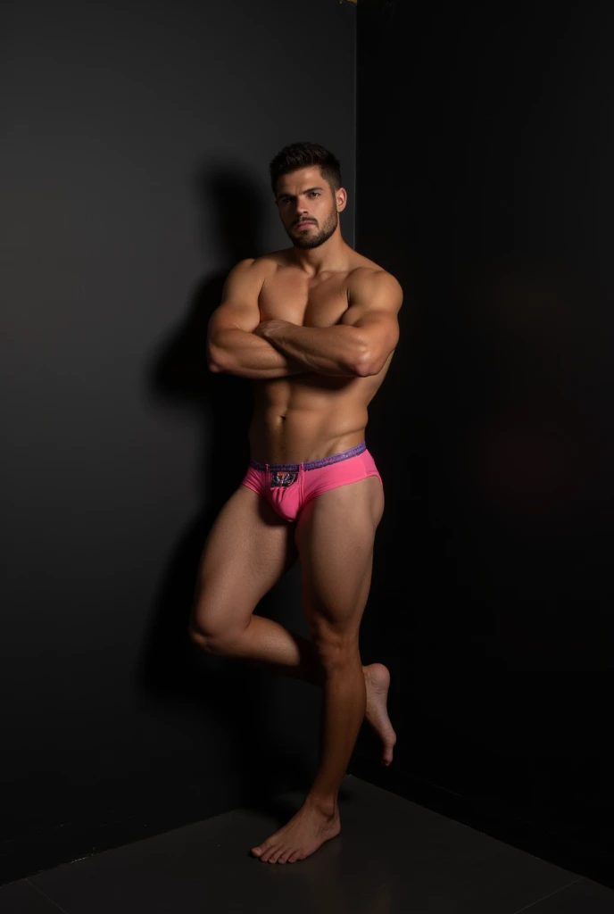 Brazilian man, beautiful, high,  short hair, no beard,  look seductive, defined body slightly muscular ,  detailed nipples ,  detailed skin,  wearing small pink underwear with large bulge , beautiful thick thighs,  leaning against a wall with the right kne...