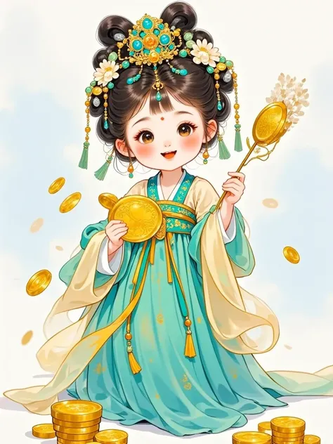 Beautiful and cute ， Chinese style ，Light blue background     ，Happy mood   ，Handpicked Gold Coins