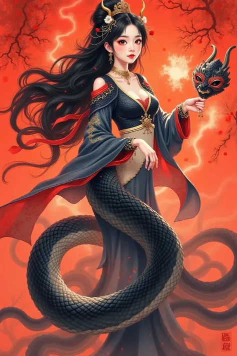 A beautiful painting ： A gorgeous fairy in snakeskin armor, Snake Body,  Passionate Reptile Human Female , long black hair  , Chinese goddess holding a mask in her hand。 red background