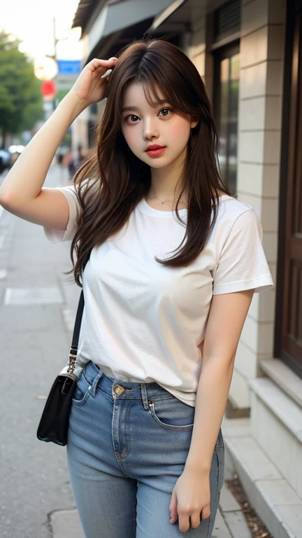 T-shirts and jeans short chubby face and body standing outdoors large pointy breasts))))、whole body large hair 