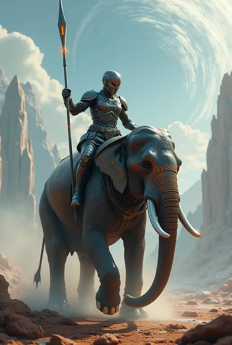 1 warrior wearing Sci fi armor, Thai Sci fi pattern, riding a large elephant in a Sci fi battlefield, holding a Sci fi spear 