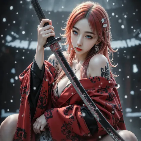 Nezuko、Red Crescent Moon、A beautiful sword position、Full body in kimono、Temple Background、A traditional Japanese sword with a blade that shines in a red gurente、Holding a Japanese sword in hand、Unexposed whole body、beautiful fighting poses、The glowing snow...
