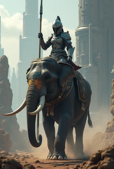 1 warrior wearing Sci fi armor, Thai Sci fi pattern, riding a large elephant in a Sci fi battlefield holding a Sci fi spear 