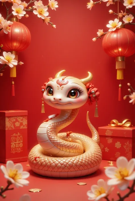 Cute Chinese snake with red gift boxes and calendar, golden text "Happy New Year 2025", light yellow plum blossoms, cartoon style, red background, New Year's atmosphere, graphic design poster art, bold lines, high-contrast shadows, 3D rendering, high resol...