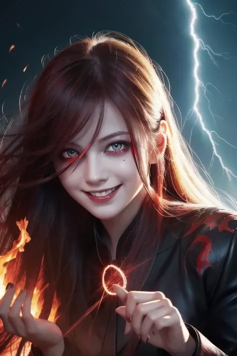  1 girl,  flying hair,  red eyes, Fire Witch , Blood on face,  Light Particles , Lightning rays,  wallpaper,  colorful,  high contrast , ,  smirking ,  , psychopathic  smirking ,  Psychopath Smile ,  tilting your head 