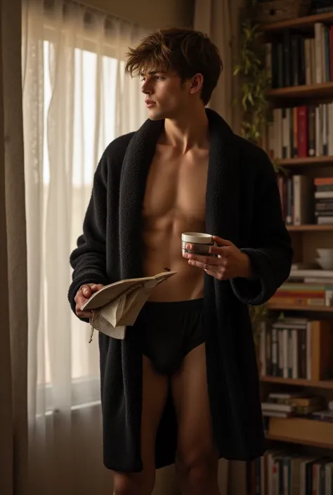  handsome Brazilian man , beautiful, high,  slightly muscular male, usando óculos de grau e vestindo cueca de de algodão branca com protuberância e meias de algodão cano high brancas,  fluffy black robe open in the front ,  man with thick thighs and define...